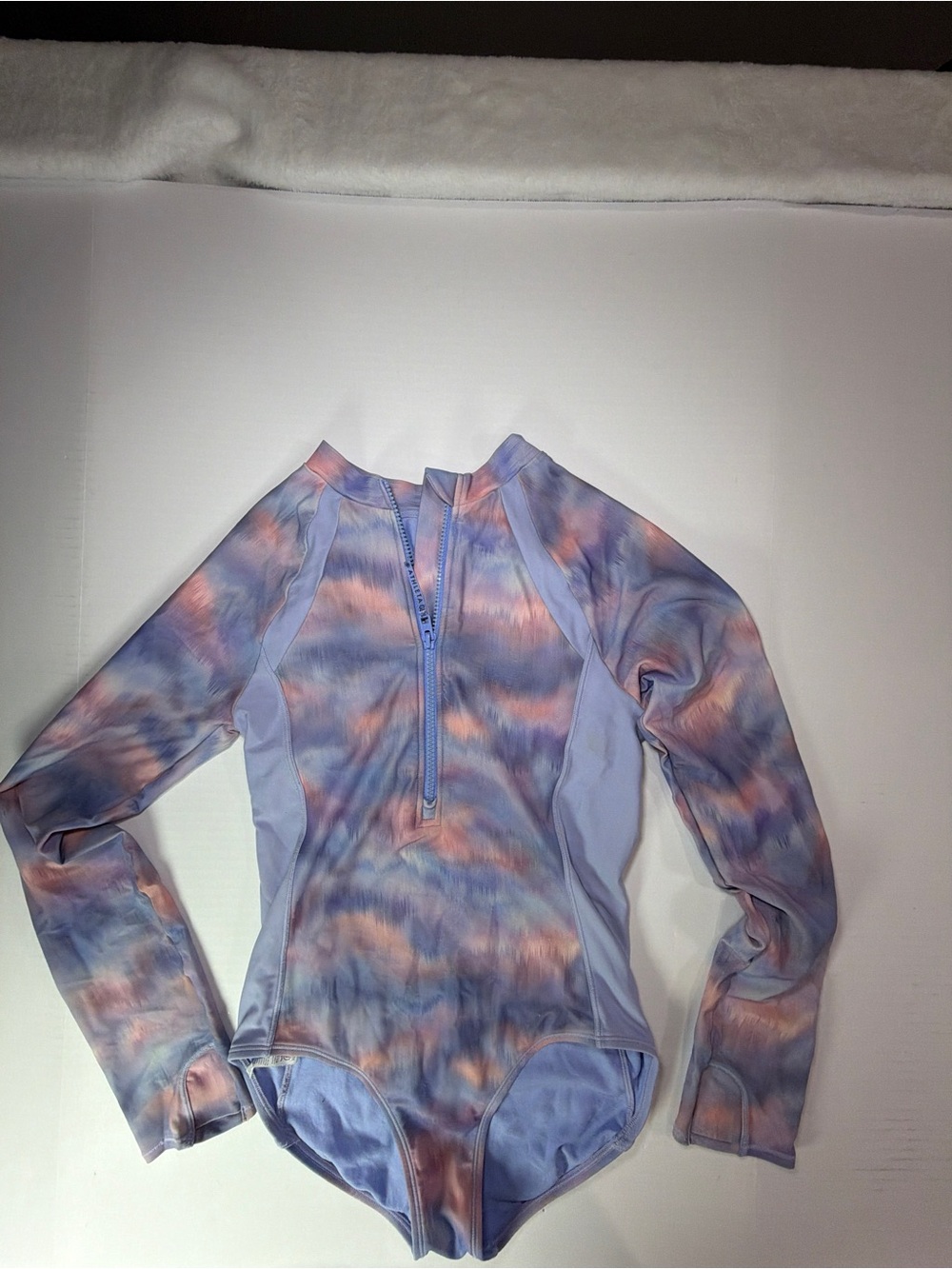 Athleta Girls Long-Sleeve One-Piece Rashguard in Lavender and Peach Tie-Dye